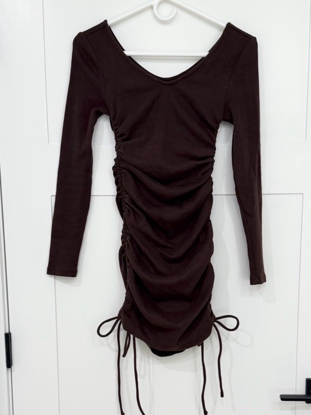 Chocolate Brown Ribbed Ruched Mini Dress Brown Long Sleeve Bodycon XS Streetwear